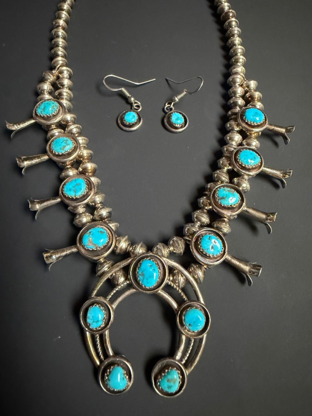 Navajo Sterling Silver Turquoise Mini Squash Blossom Necklace Set by Phil Garcia